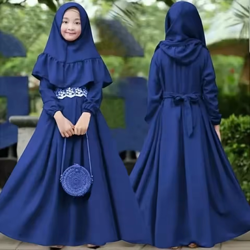 2Pcs Muslim Kids Girls Hijab Dress Abaya Set