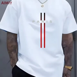 Summer Men's T-shirt Top Casual Loose Fit Oversized T-shirt PARI Letter Pattern Printed Round Neck Short Sleeved Homme Vêtement