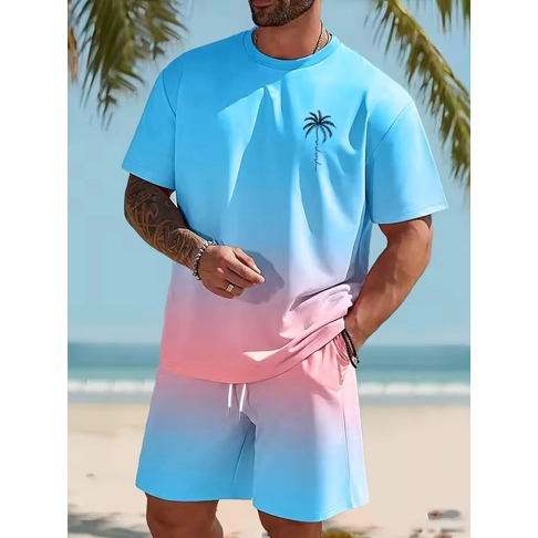 Hawaiian Style Men's T-shirt Beach Pants Suit Daily Casual Stylish Men's Short-sleeved Top Outdoor Vacation Men's Athletic Short