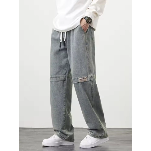  2024 New Retro Blue Men's Jeans Large Size String Banding Wide Leg Denim Pants Cotton Casual Straight Jean Trousers 6XL 7XL 8XL