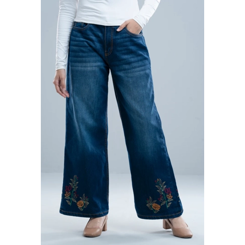 Wide-Leg Embroidered Denim