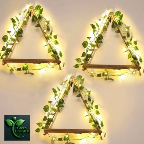 Artificial Ivy Garland with LED & Wooden Wall Hanging Shelf – Decorative Plant Shelf for Bedroom, Living Room, Kitchen & Bathroom (Set of 1/2/3)