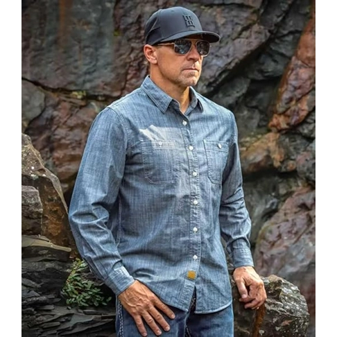 Dubinik® Chambray Shirt Men Long Sleeve Cotton Work Shirts with 2 Pockets Casual Button Down