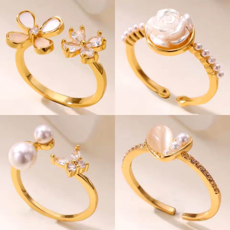 Stainless Steel Crystal Zircon Flower Rings