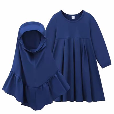 2Pcs Muslim Kids Girls Hijab Dress Abaya Set